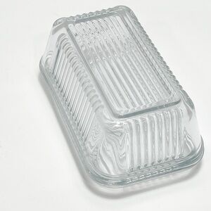 VINTAGE BUTTER DISH RECTANGULAR RIBBED CLEAR GLASS LARGE ART DECO STYLE